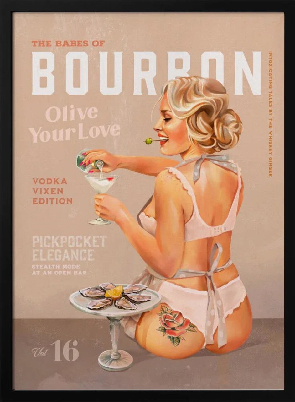 Bourbon Babe Vol 16 Vintage Vodka Martini Pin Up Girl - The Whiskey Ginger 24x36 Framed Art | Home or Office Art